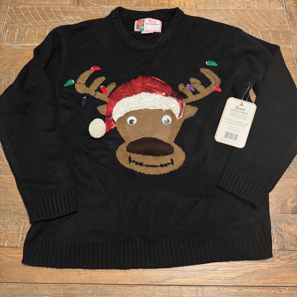 NWT Great Christmas Sweater XL Black Reindeer Googly Eyes Ugly Holiday